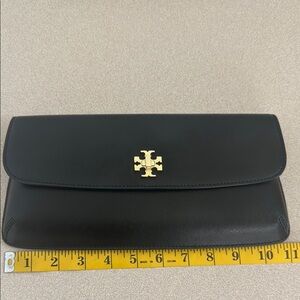 Tory Burch Black Leather Clutch with Gold Emblem